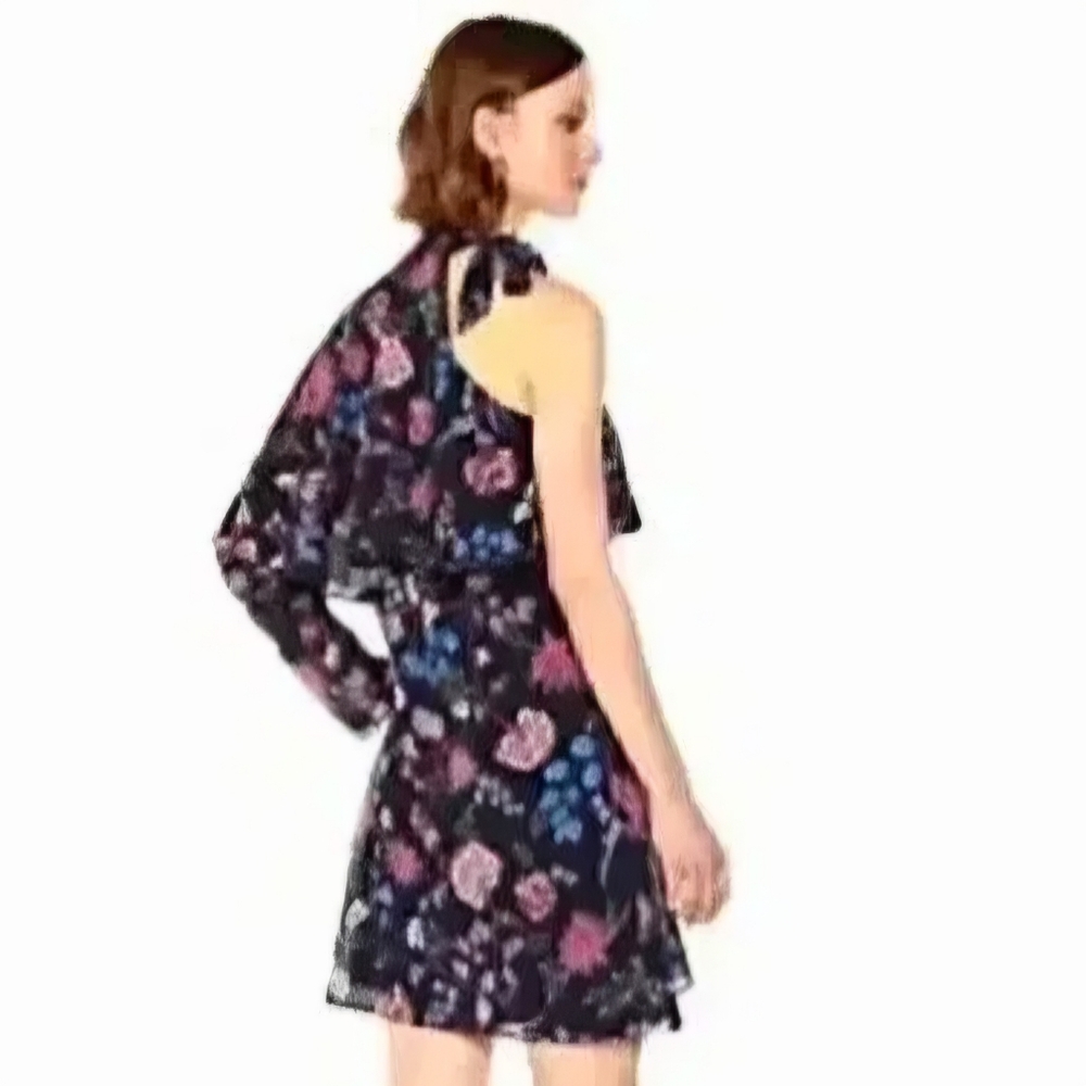 Ella Moon One Shoulder Mini Dress Large L Floral Ruffle Bow Tie Neck Blue Pink - Picture 3 of 15